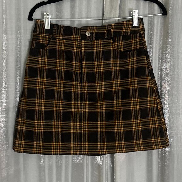 high waisted A-line brown and black tartan mini skirt - Picture 1 of 6